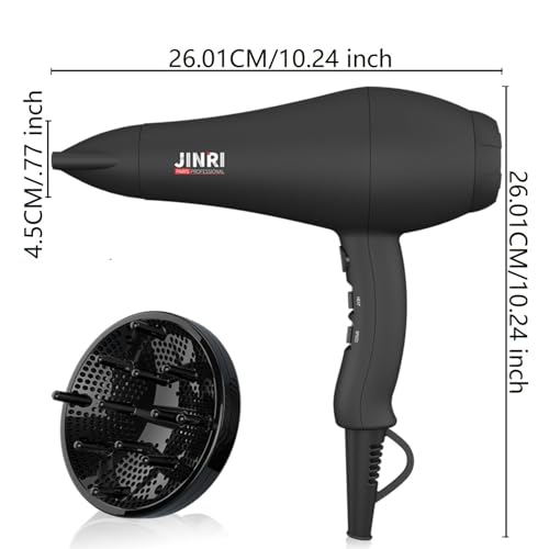 JINRI Hair Dryer, 1875W, 3 Heat & 2 Speed, with Diffuser, with Concentrator, Ionic Technology & Infrared - Black, Detachable Air Intake, Hanging Strap, Non-Foldable, 125V, JR-104 — view 5