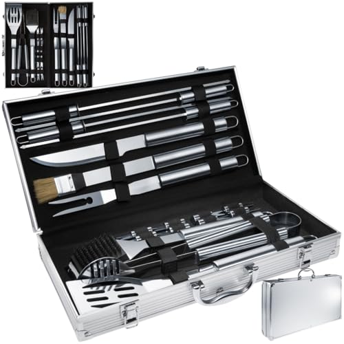 tectake® Malette Accessoires Barbecue 18 pièces en Acier Inoxydable Coffret Aluminium Kit Accessoires Grill Plancha Brasero BBQ Ustensiles Barbecue Ustensiles de...