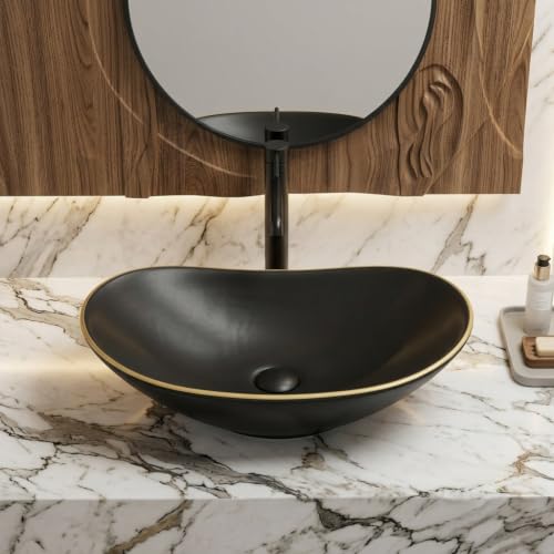 Image of Imported Luxurious Black Golden Edge Matt Finish Table Top Wash Basin /Ceramic Bathroom Wash Basin /Countertop Wash Basin