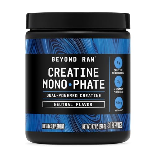 BEYOND RAW Creatine Monophate - Duel-Powered with 5g of creatine monohydrate, 3g of creatine Phosphate and 50mg of Atstragin, Unflavored (30 Servings)