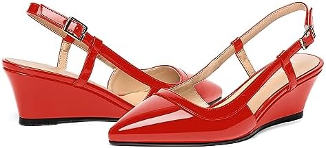 AMBELIGHT Women's Wedge Buckle 2 Inch Pointed Toe Patent Slingback Sexy Solid Low Heel Evening Pumps Shoes Red Size 8.5 - Zapatos de Mujer de Tacon Bajo Elegantes para Fiesta | Image 5
