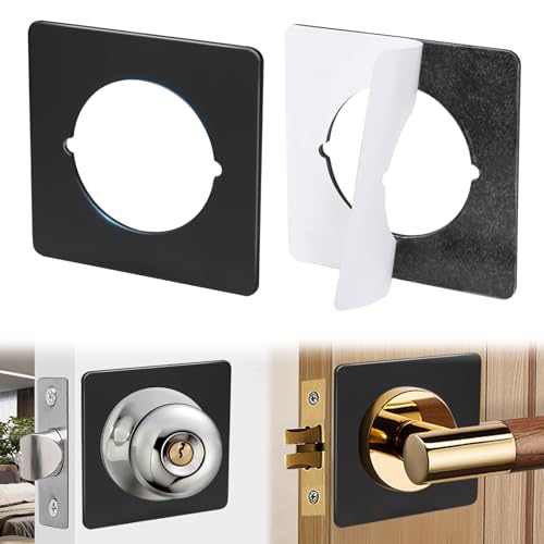 Vizava 2 Pack Square Door Knob Plates, Matte Black Door Reinforcement Plate with Adhesive (No Drill), Steel Door Hole Cover for Deadbolt Repair, Scratches & Wobbly Lock Fix (3.58