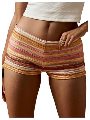 SOLY HUX Womens Knit Striped Micro Shorts Y2k Crochet Elastic Low Rise Color Block Beach Mini Shorts Yellow Striped Small
