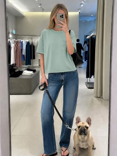 Image of ATHMILE Womens Crop Tops Workout Shirts Gym Oversized Spring Summer Basic Tees Short Sleeve Casual Loose Drop Shoulder 2026
