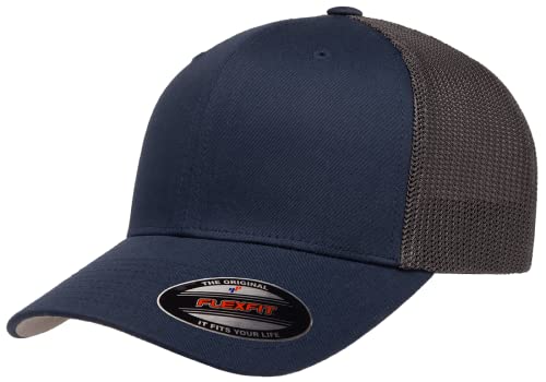 Flexfit 6511 Fitted Mid-Profile Stretchable Mesh Panels Trucker Cap | Bulk Pack Available (Navy/Graphite, L/XL)