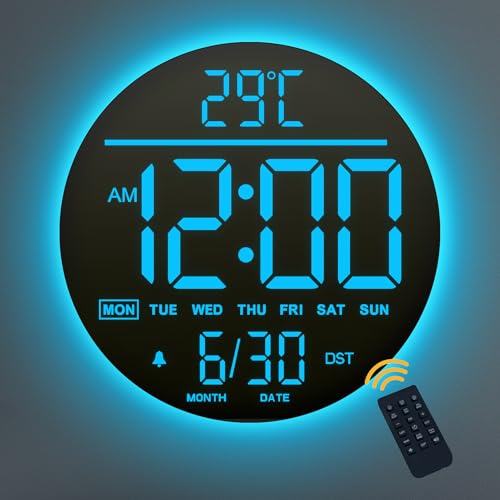 Mee 2ou 10" Digital Wall Clock With Night Light, Alarm, Remote Control, 11 RGB Color Auto-Brightness, Temperature, Date And Day, Modern Electric LED Wall Clock for Bedroom, Living Room