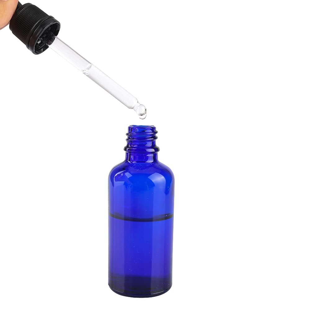 24 Piezas Azul Frasco Cuentagotas Cristal 50ml con Cierre a Prueba de Manipulaciones , Botellas Cuentagotas Vacío con Pipeta de Vidrio, para Aromaterapia Aceites Esenciales