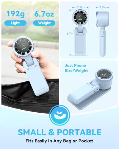 Image of PlayHot Portable Handheld Turbo Fan, Travel Essentials, Gifts for Women /Men | 5-Speed, Up to 12H, 10m /s Airflow, USB-C Rechargeable, LED Display, 3-in-1 Foldable Personal Fan for Cruise, Beach, Vacation