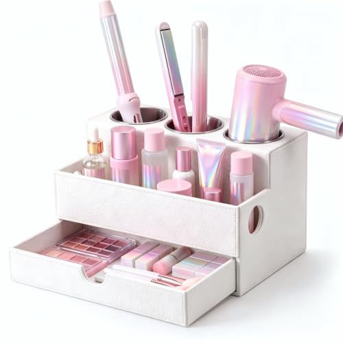 Image of AceOrbit Hair Tool Organizer with Drawer Back to School Gift Leather Bathroom Vanity Organizer White Blow Dryer Hot Styling Tool Hair Holder for Countertop Curling Iron Flat Iron Straightener Makeup