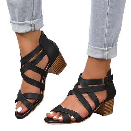 Women's Black Stacked Heeled Cutout Sandals Ankle Buckle Chunky Heel Open Toe Booties Summer Fashion Dress Block Heel Sandal