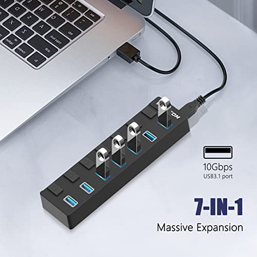 Powered-USB-Hub-VANOTOM-7-Port-Charging-USB-3132-Gen-2-Hub-Superspeed-USB-Splitter-up-to-10Gbps-with-Power-Adapter-and-Individual-OnOff-Switches-for-PC-and-Laptop