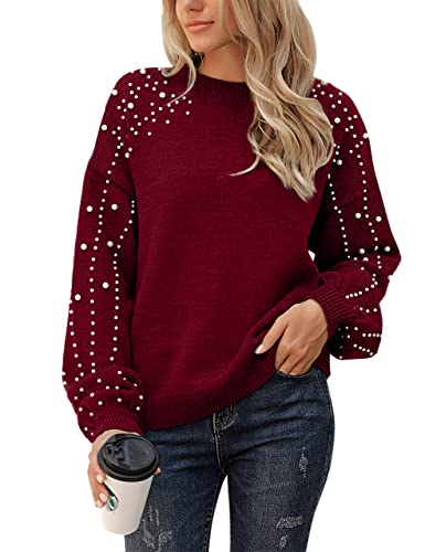 Image of Blooming Jelly Women's Chunky Sweater Crewneck Sweatshirt Knit Lantern Sleeve Oversized Pullover Sweater with Pearls
