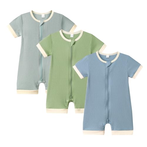 Image of Bafeicao Unisex Baby Boy Girl 2/3 Pack Rompers Short Sleeve 2 Way Zipper One Piece Jumpsuits Clothes Sets
