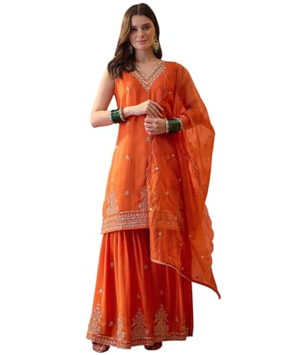 Image of Amazon Brand - Tavasya Women Silk Blend Zari Sequin EmbroideKurta with Sharara and Dupatta Set|Ethnic Wear (PHSKS1737 VBT 2XL)