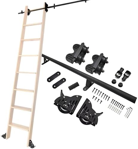 Retractable Rolling Ladder Hardware Kit - Black Finish Library Sliding Track Bracket with Floor Roller Wheels, 6.6ft/200cm Mobile Slide Rails (Ladders Not Included)
