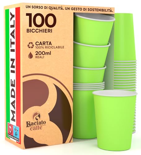 Baciato Caffè 100 Bicchieri in Carta 200ml Ecologici Biodegradabili Monouso