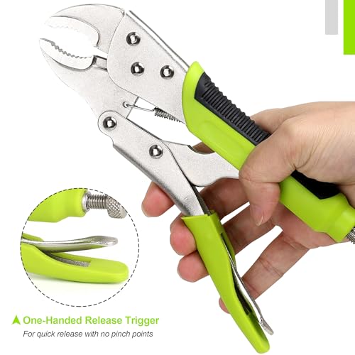 FASTPRO 4-Piece Locking Pliers Set with Heavy Duty Grip, 5\", 7\" and 10\" Curved Jaw, 6-1/2\" Long Nose Locking Pliers Included, Vise Grip Wrench Set, Green