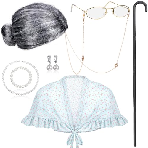 BBTO 100 Days of School Costume Old Lady Costume for Kids Granny Wig Shawl Grandma Outifits with Glasses and Accessories(Ashen Hair Style)