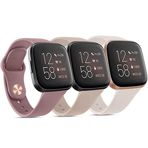 Yisica 3 Piezas Correa Compatible con Fitbit Versa 2/Versa/Versa Lite Mujer Hombr, Pulsera de Repuesto Ajustable (Té Con Leche/Humo Violeta/Estrellas)