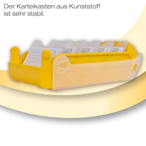 TimeTEX - Karteikasten aus robustem Kunststoff, A8, Halbtransparent mit einschiebbarem Deckel, 5-Fächer-Lernmethode, 20x9x6,5cm, Farbe: gelb