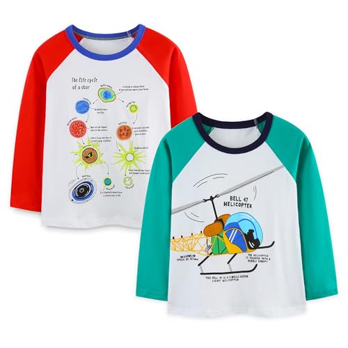 Pilipulu Camiseta de Manga Larga Niño, Pack de 2 Camisetas de Algodón, T-Shirt Bebé Niños de Dinosaurio para Infantiles 7 Años, Universo 1