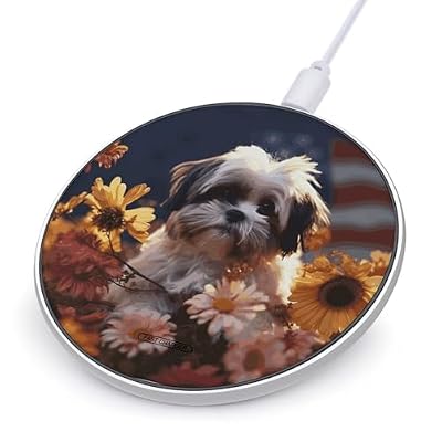 Shih Tzu Dog and Flowers Wireless Charger Portable Fast Charging Pad Lightweight Wireless Charging Station for Phone Slim Charge Mat for Travel Home Office Desk