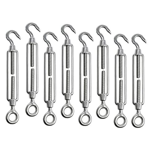 6 Tenditori In Acciaio Inox M5 - Con Gancio E Occhiello, Per Funi Metalliche E Stendibiancheria