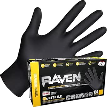 Raven Powder Free Nitrile Disposable Gloves 7 Mil -Latex Free, Chemical + Puncture Resistant, Textured Grip, Single Use for Automotive, Industrial, Janitorial, MRO, Food Service 66519, Black, X-Large (Pack of 100)