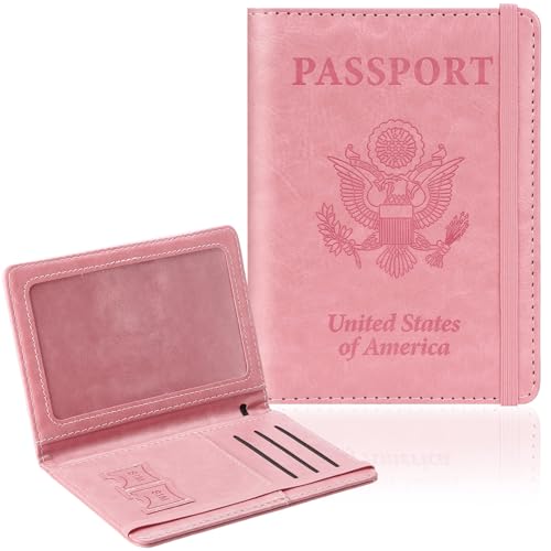Passport Holder for Travel, RFID Blocking Passport Cover with Pen Holder Leather Passport Wallet Case Travel Must Haves Accessories Passport Book Card Holder for Family Travel Essentials Gifts, Pink
