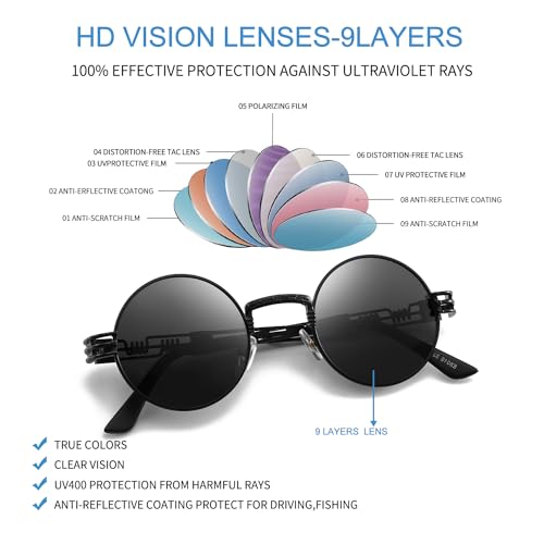 Round Steampunk Sunglass - Vintage Circle Shades, Unique punk Metal Frame 5