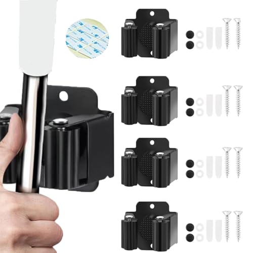 CACUINA 4Pcs peel and stick mop and broom holder wall mount Stainless Steel Heavy Duty Mop Holder Broom Hanger Wall with Screws, Garden Outdoor Tool Organizer Rack Broom Hanger