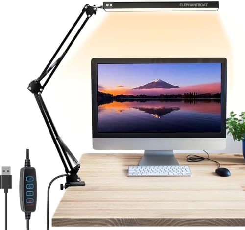 ELEPHANTBOAT® LED Desk Lamp 3-Color Dimmable USB Reading Light with Flexible Arm, Adjustable Eye-Caring Desk Light with Clamp for Home, Office, Study, Crafting (Black)