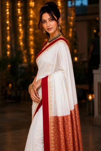 Image of Women's Glory Womens Satin Saree with Silver Woven Border | Elegant Plain Glossy Silk Saree for Party, Wedding, Reception & Festive Style with Unstitched Blouse Piece