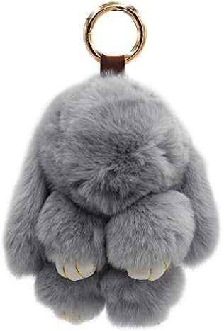 surell - Genuine Rex Rabbit Fur Pom Bunny Rabbit Keychain - Cute fluffy Bag Purse Charm key fob - Animal Lovers Pocketbook Accessory (Grey)