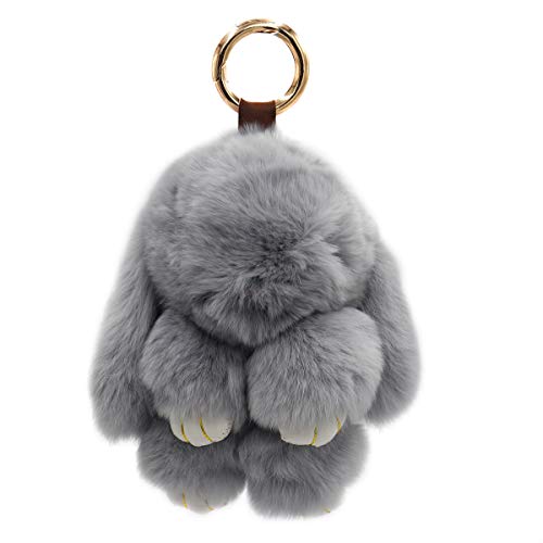Surell - Genuine Rex Rabbit Fur Pom Bunny Rabbit Keychain - Cute Fluffy Bag Purse Charm Key Fob - Animal Lovers Pocketbook Accessory (Grey) #TOP3