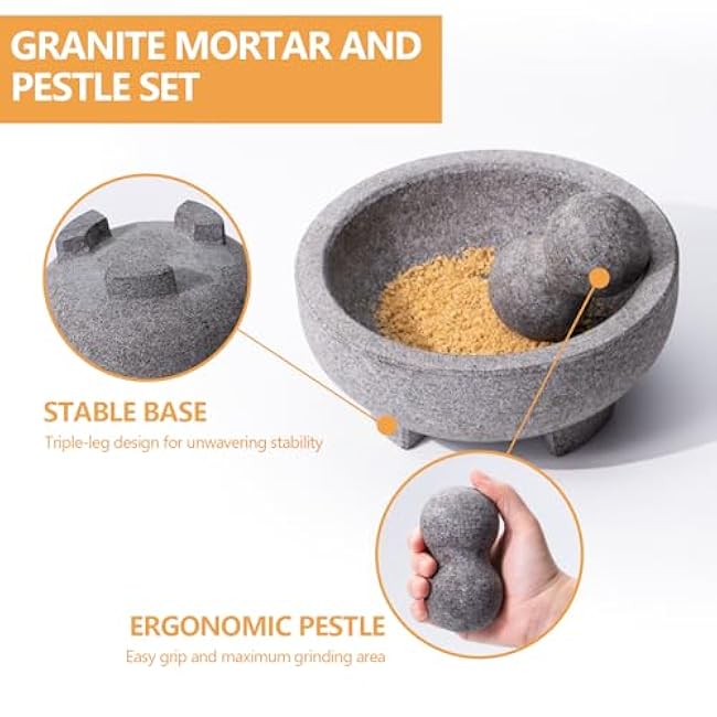 WhiteRhino Mortar and Pestle Set, 4 Cup Natural Unpolished Granite Molcajete Mexicano, 8-in Extra Large Guacamole Bowl, Motar Pestel Stone Grinder for Guacamole, Salsa, Spices, Herbs, Seasonings