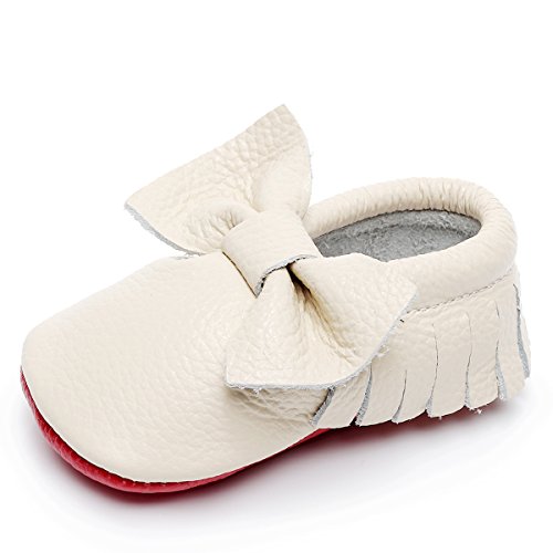 HONGTEYA Soft Sole Baby Moccasins - Premium Fringe Bow Leather Boys and Girls Shoes for Infant Toddlers(12-18 Months/US 6.5/5.31''/ See Size Chart, Beige)