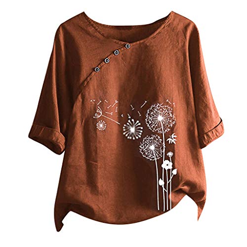 Blusa de algodón y lino para mujer con cuello en V botón de manga larga Tops Color de gran tamaño barato casual algodón lino camisa lisa suelta y transpirable día de la madre camisetas, C-rojo, XXL