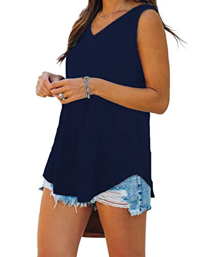 Phukiss Tank Tops For Women Summer Loose Fitting V Neck Sleeveless Shirts Navy Blue #TOP3