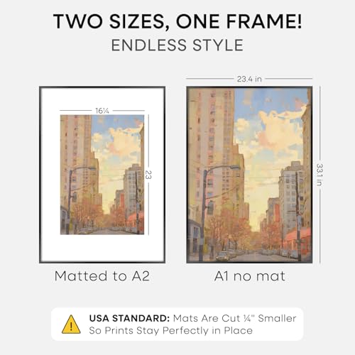 Image of Homeforia A1 Black Poster Frame, High-End Metal, A2 Mat, Glass | High End Aluminum, Tempered Glass, Acid-Free A2 Removable Mat, A1 Edge-to-Edge Display, Wall Kit, Set Of 1