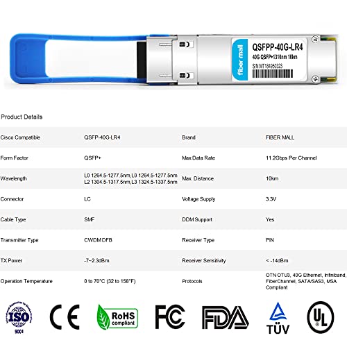Image of 40G QSFP+LR4 for Cisco QSFP-40G-LR4,QSFP-40GE-LR4, Meraki MA-QSFP-40G-LR4,40GBASE-LR4 QSFP+ 1310nm (CWDM4) 10km LC DOM Optical Transceiver Module