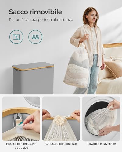 SONGMICS Cesto Portabiancheria con Coperchio a 2 Scomparti, Cesta per Bucato, 130L, Sacco Rimovibile, Tessuto Oxford, Manici di Bambù Pieghevole, 52 x 38,5 x 70,5 cm, Grigio Tortora LCB513G01 - Immagine 4