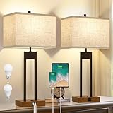 GyroVu Extra Large 25.5'' Set of 2 Modern Bedroom Table Lamps with USB C+A Ports, Color Changeable, Brown Night Stand Lamps for Bedside, Guest Room, Office, Reading