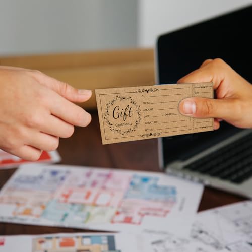 50 conjuntos de vales de presente para empresas, vales-presente Kraft em branco com envelopes, vales