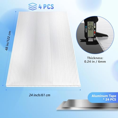 Palotope WSYGB6-4 Pcs Polycarbonate Greenhouse Panels,4' X 2' X 0.24'' Thickness Twin Wall Polycarbonate Sheets With 24Pcs Waterproof Aluminum Foil Tape,Clear Uv Polycarbonate Panels thumb #1