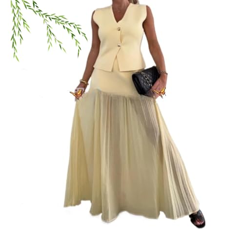 Women's V-neck Sleeveless Knitted Top + Splicing Temperament Suit,Spliced Tulle Elastic Waist Pleated Maxi Skirt