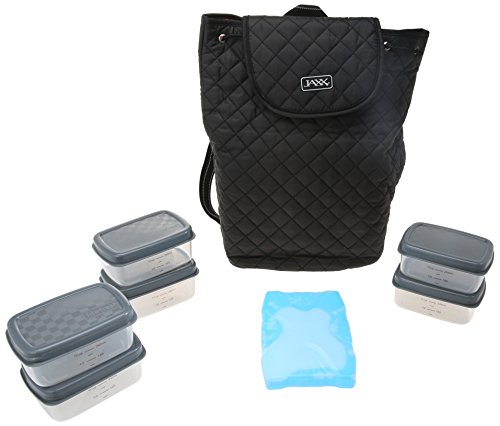 Fit & Fresh JAXX Black Quilted BACKPACK, Stylish Fitpak Meal Prep Set with Portion Control Containers, Ice Pack and Vitamin Case, Black