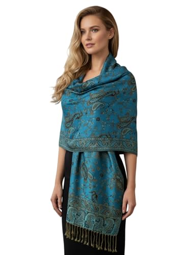 PASKMLNA Reversible Paisley Pashmina Shawl Wrap Elegant Colors (023-13Tq/blk)