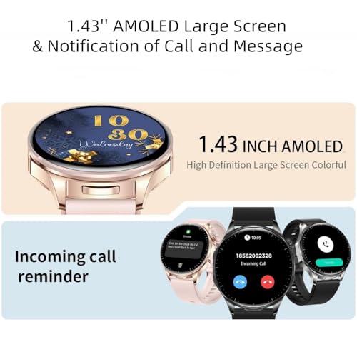 AIEK Smartwatch ze słuchawkami dla mężczyzn i kobiet, 1,43" AMOLED duży wyświetlacz, fitness zegarek sportowy do telefonów z systemem iOS Android, monitor snu, prezent dla pary (różowe złoto)