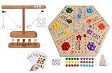 Wooden Wahoo Marble Board Game (20 INCH), Double-Sided, for 2-6 Players, with 24 Marbles and 6 dice. Also Includes Ring Toss, Wooden Hook and Ring Gameand Premium Playing Cards.